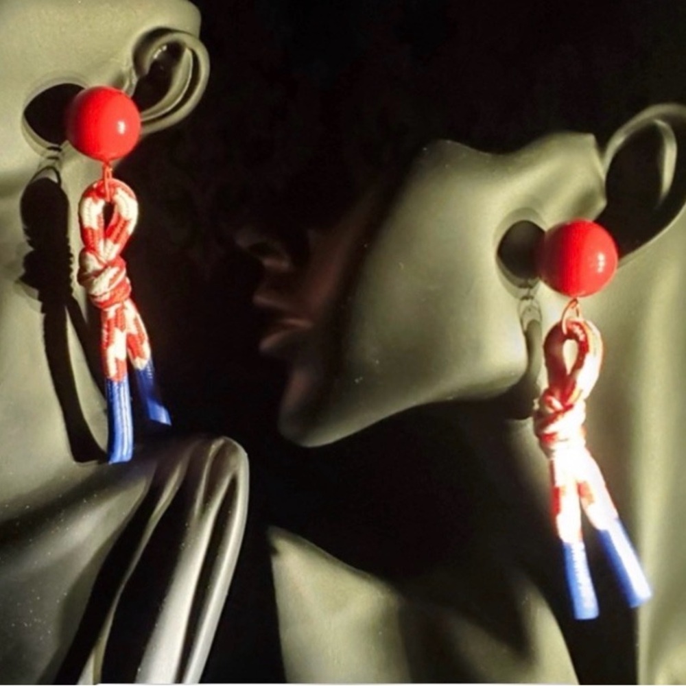 Bold Red Blue Knot Tassel Drop Earrings